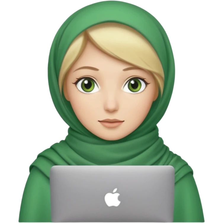 blond women skine , with green eyes , with scarf hijab , hid the hair, with macbook emoji