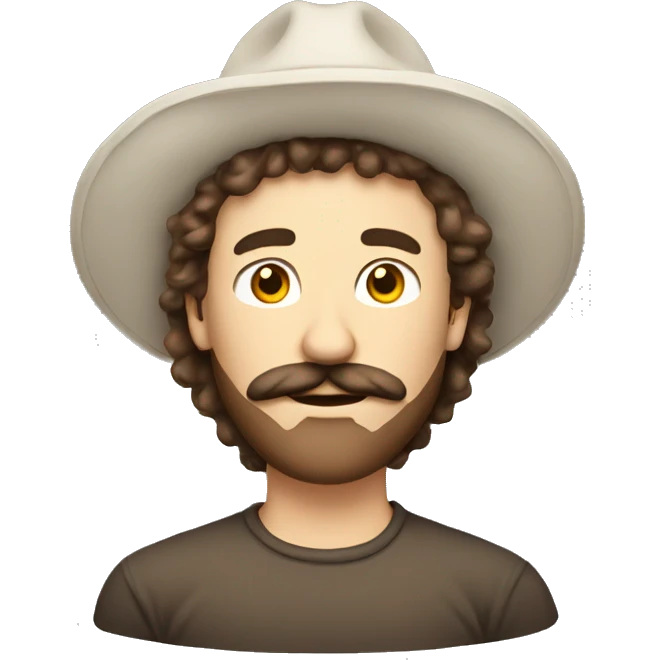 Tall white fluffy brown hair guy wearing hat with mustache emoji