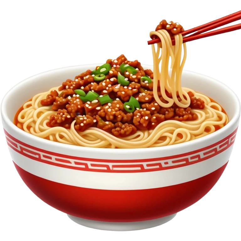 Sichuan Dan Dan Noodles with red chili oil and minced pork, simplified emoji style with bold outlines and bright colors, cartoon style spicy Chengdu street food emoji