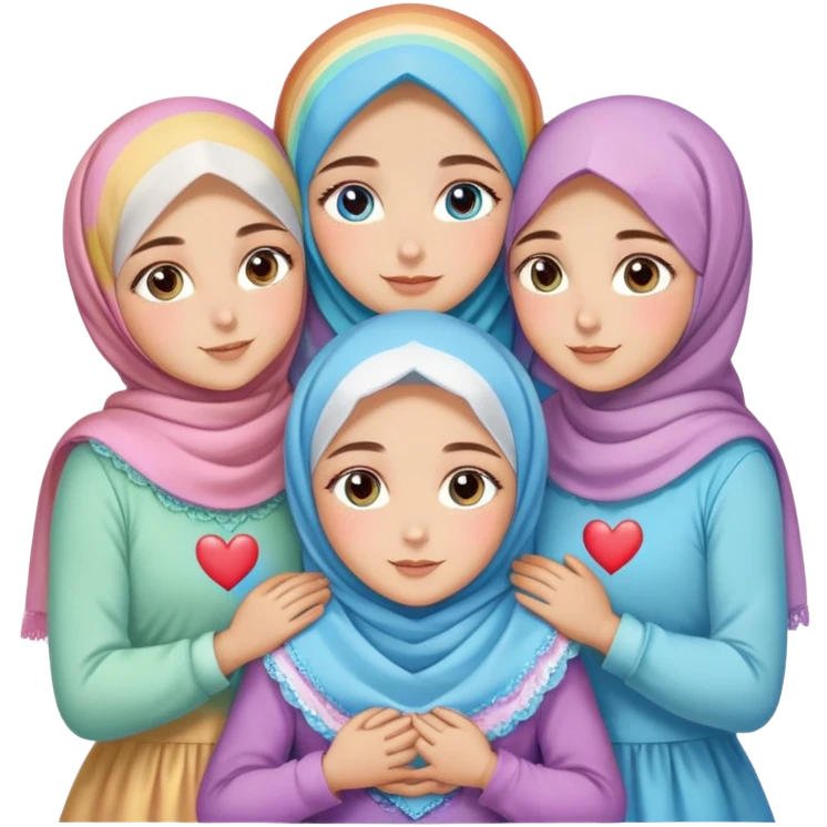 Four sister hugs Turkish girls beautiful finish Konya brown and blue eyes with rainbow pastel hijab and heart dress and hugs  emoji