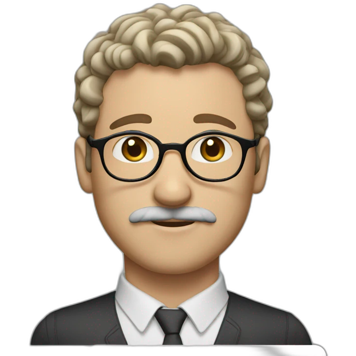 white man with short curly dark brown hair, blue eyes, round eyeglasses and a brown mustache emoji