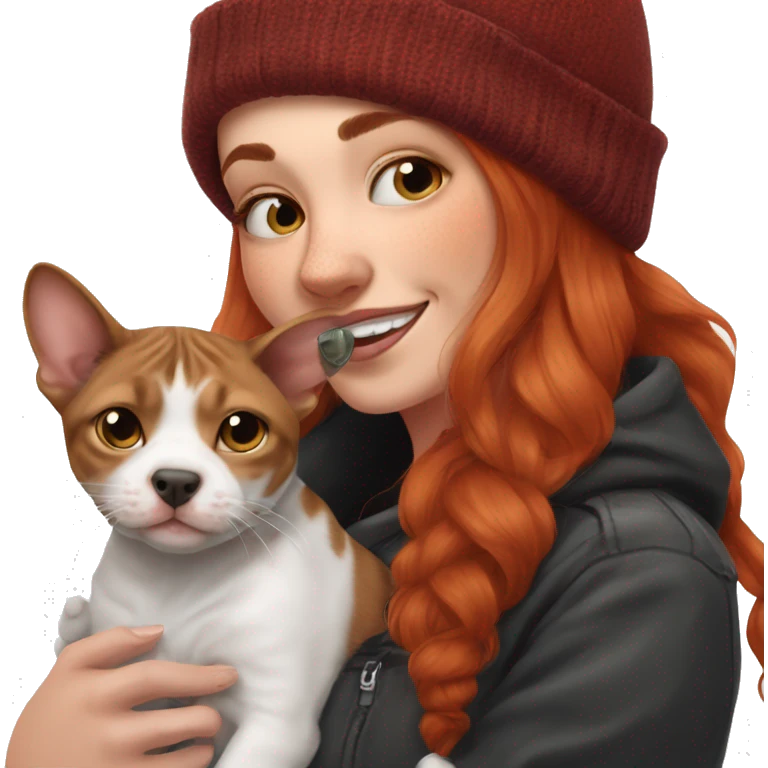Long Red haired woman in beanie with septum piercing holding black and white English Staffordshire puppy and tabby cat emoji