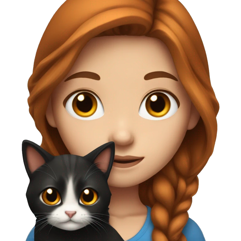 long haired brunette girl with blue eyes holding black and orange cats emoji