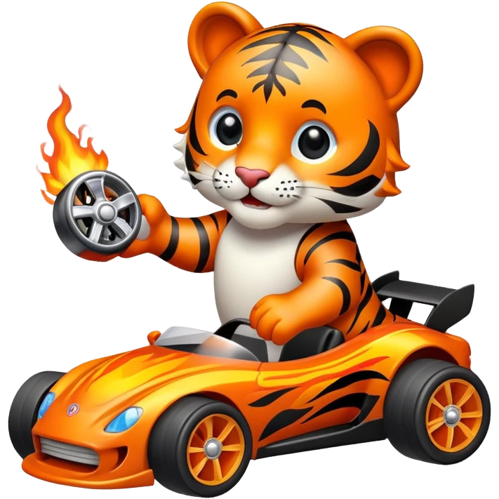 cute tiger holding toy hot wheel car with wheels on fire emoji