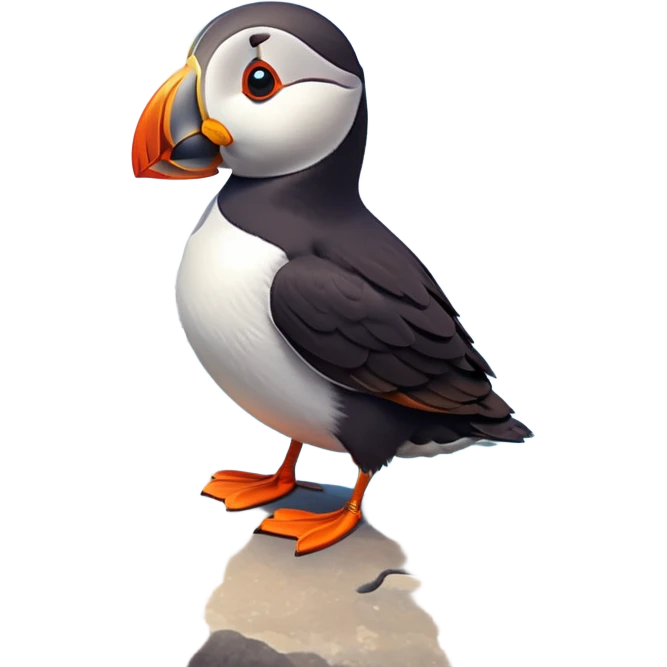 A 3D cartoon puffin bird standing on a rock near the sea, soft daylight, bright colors, realistic Memoji-style. emoji