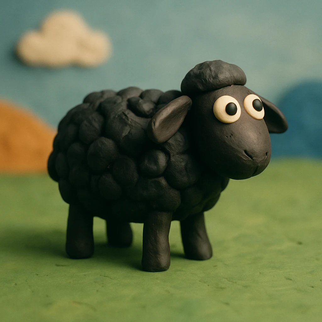 sheep with black wool standing on green grass, visible fingerprints, matte plasticine look, claymation style emoji