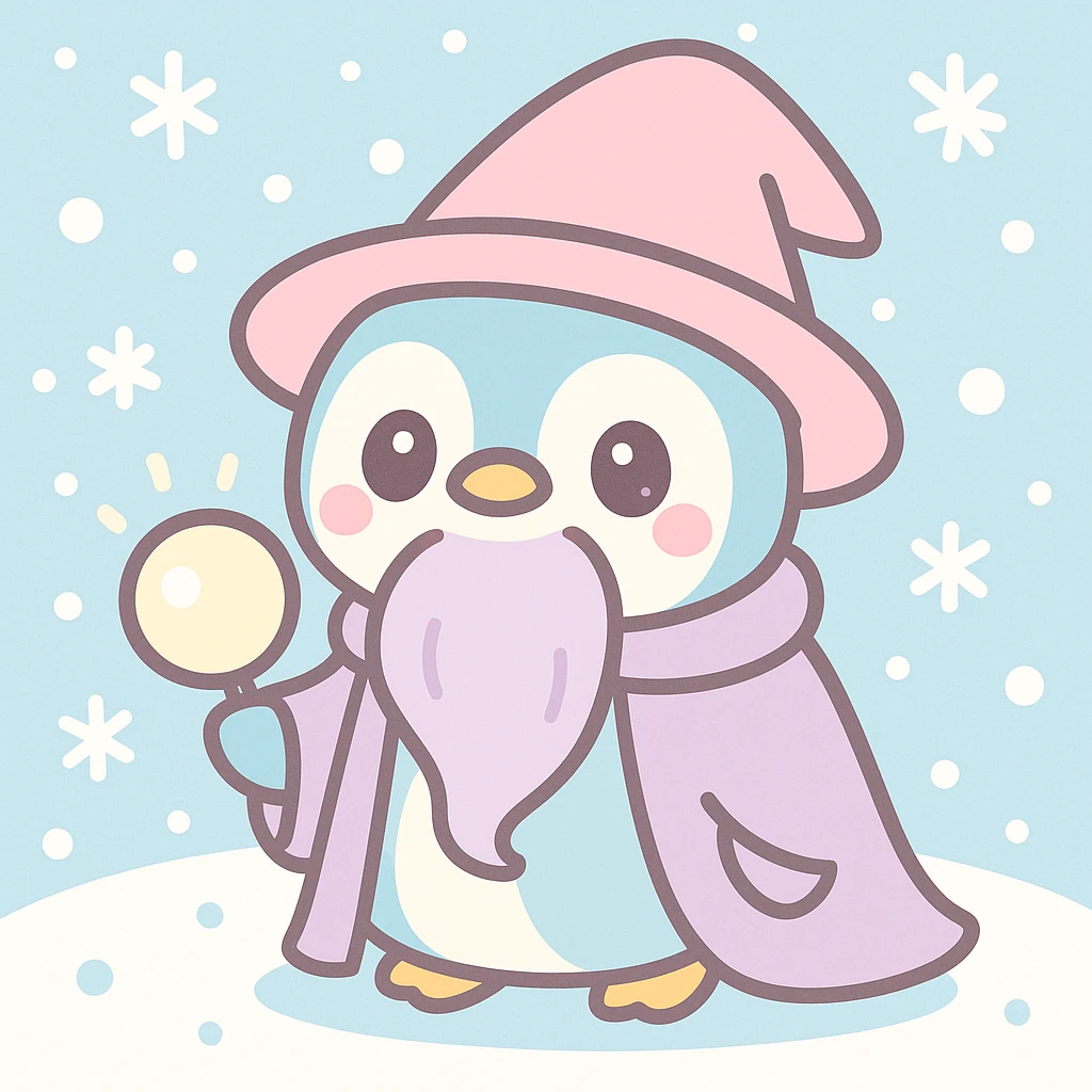 Add a snowy background behind the penguin wizard, keeping the whimsical kawaii style. emoji