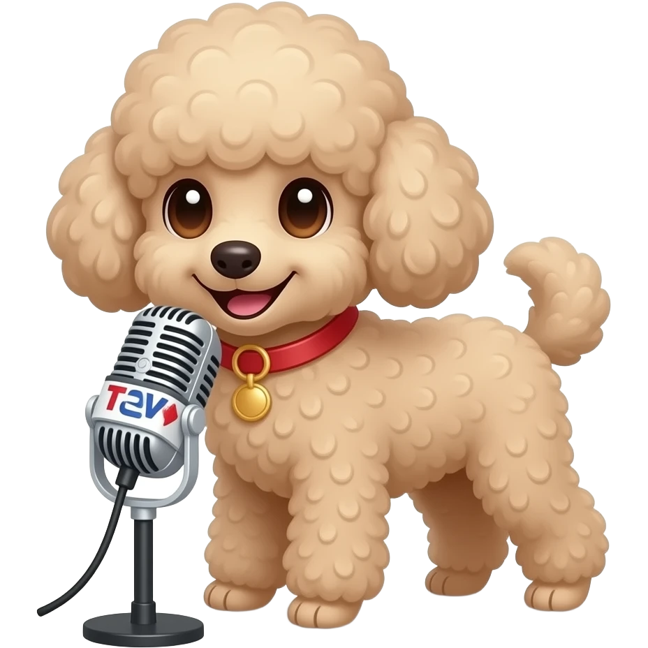 crea el emoji de una perrita caniche toy con un microfono de TVE con cara sonriente emoji