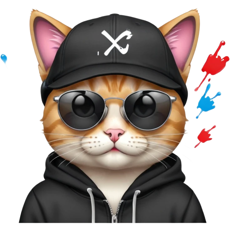 cat wearing a black snapback cap and black hoodie, with black sunglasses positioned low on his nose, winking one eye while looking directly at the viewer over the top of his sunglasses with a mischievous expression, doing graffiti with spray paint emoji
