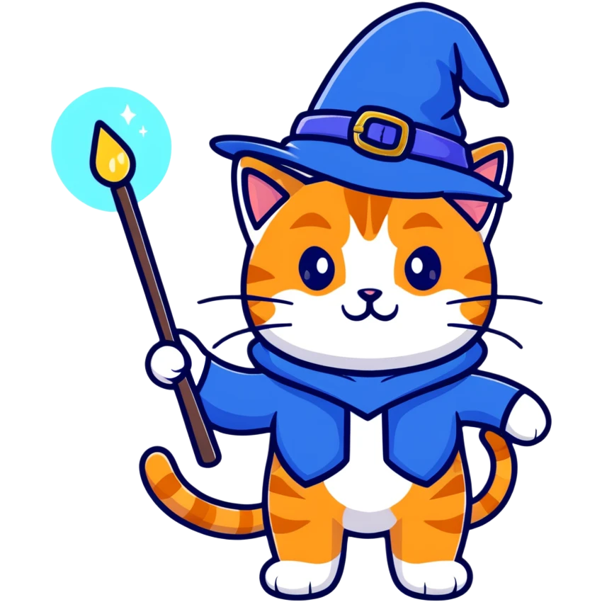 Cute orange tabby cat with a blue wizard hat and a glowing magic wand emoji