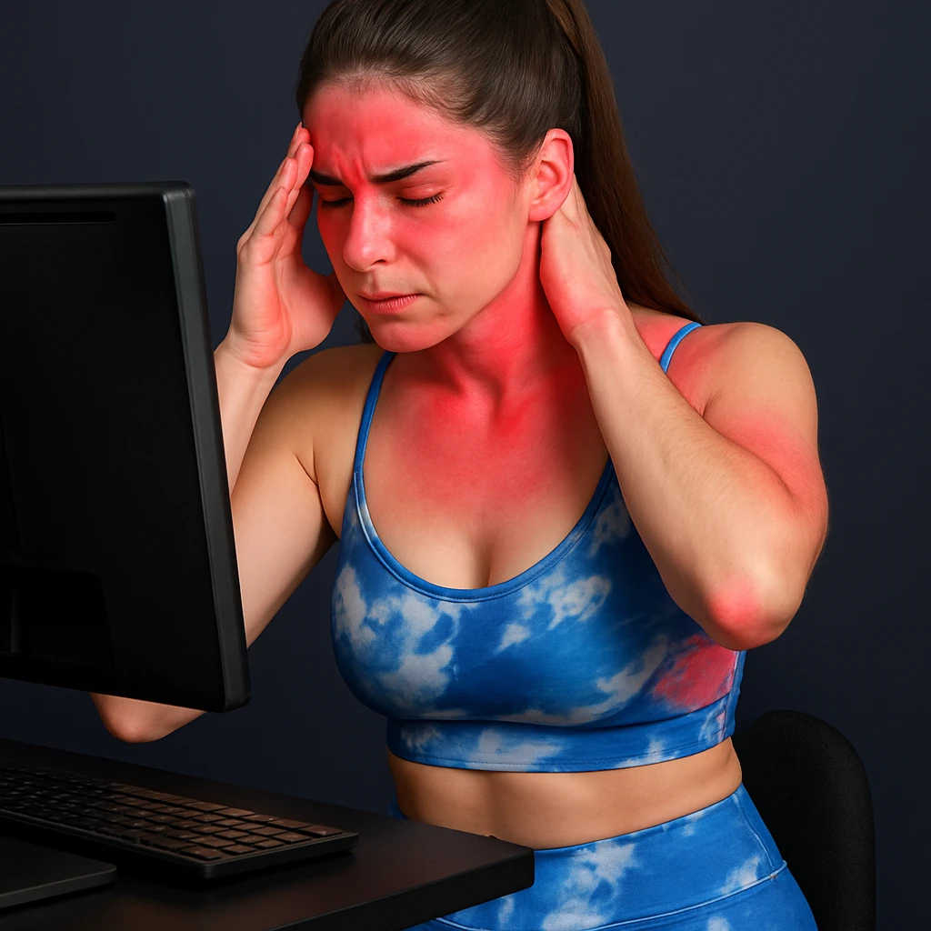 A slender woman in 4K, in front of a computer, massaging forehead and base of the neck, both areas reddened, rigid posture and tense face, inspired by the reference photo. emoji