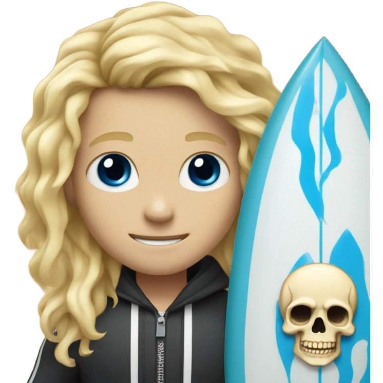 boy with long scruffy blonde hair and blue eyes. holding a surfboard with a skull on it emoji