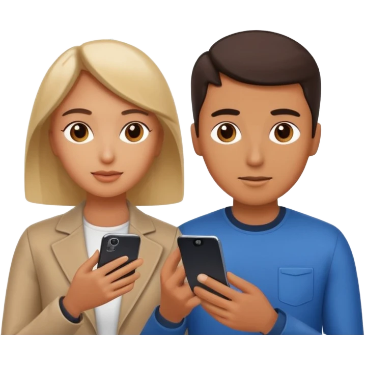 Generate a realistic emoji of a two people using a phone which shows artificial intelligence. Out of the phone is coming 3d ideas and electric symbols and a lot of small ideas popping up emoji