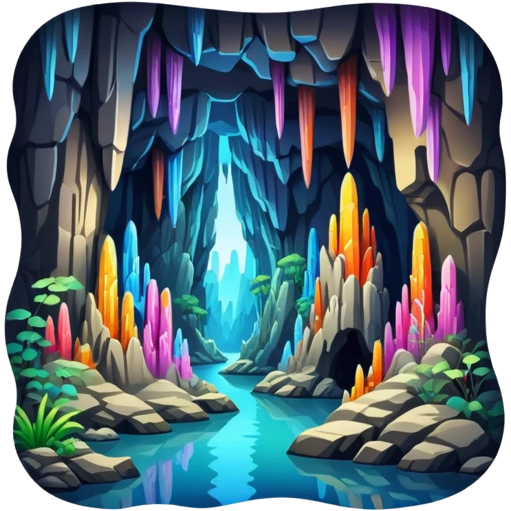 Reed Flute Cave Guilin with colorful lighting, simplified emoji style with bold outlines and bright colors, cartoon style cave with stalagmites emoji