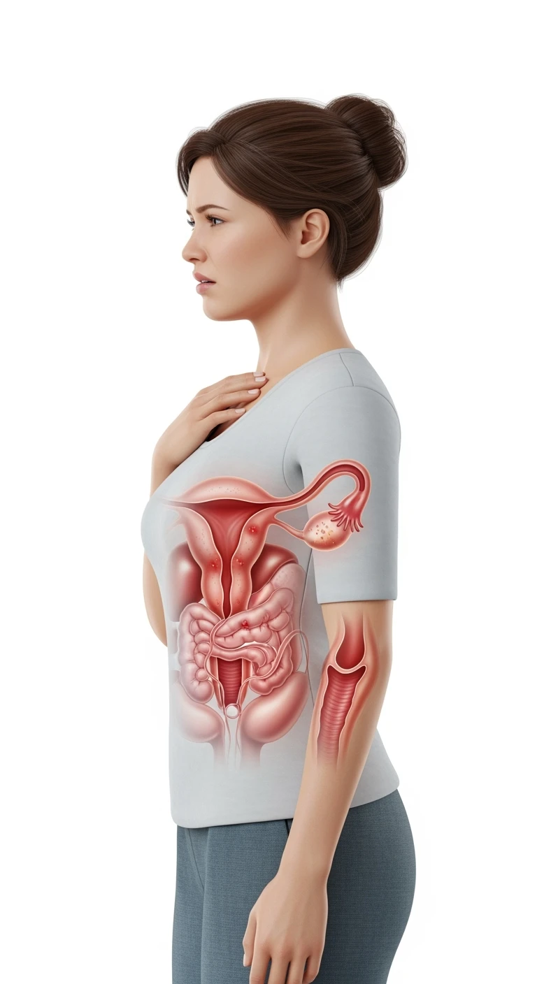 DONNA DI PROFILO A FIGURA INTERA CON UTERO ANATOMICO REALISTICO IN EVIDENZA, CON ESPRESSIONE DI DOLORE IN VOLTO PERCHé SOFFRE DI CISTITE, SFONDO BIANCO emoji