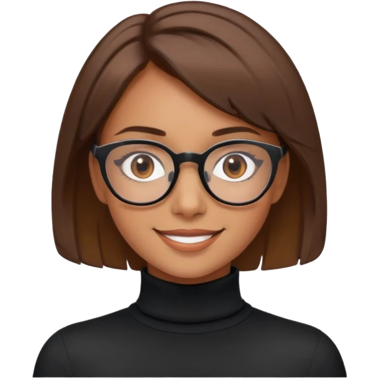 girl with brown short hair ,glasses, brown eyes ,smile,black turtleneck , emoji