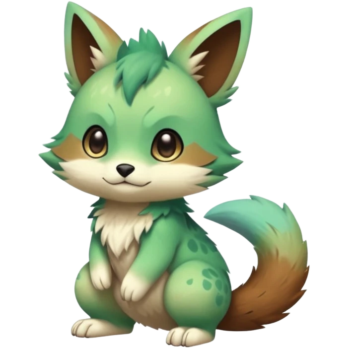 Pastel warm colorful-green-brown-gradient anime-styled edgy cool badass cute random Fakémon-creature, with random markings, full body emoji