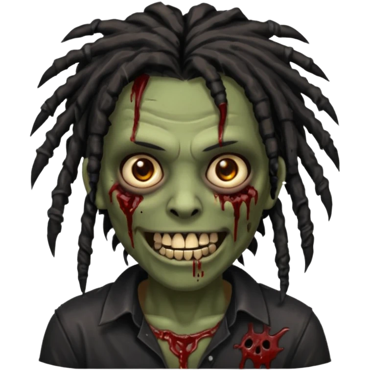 zombie with brown skin, messy black dreads hair, wide centered brown eyes, dark bloody marks under the eyes, and a smile showing shiny metal teeth,black shirt, giving a distressed, undead look. emoji