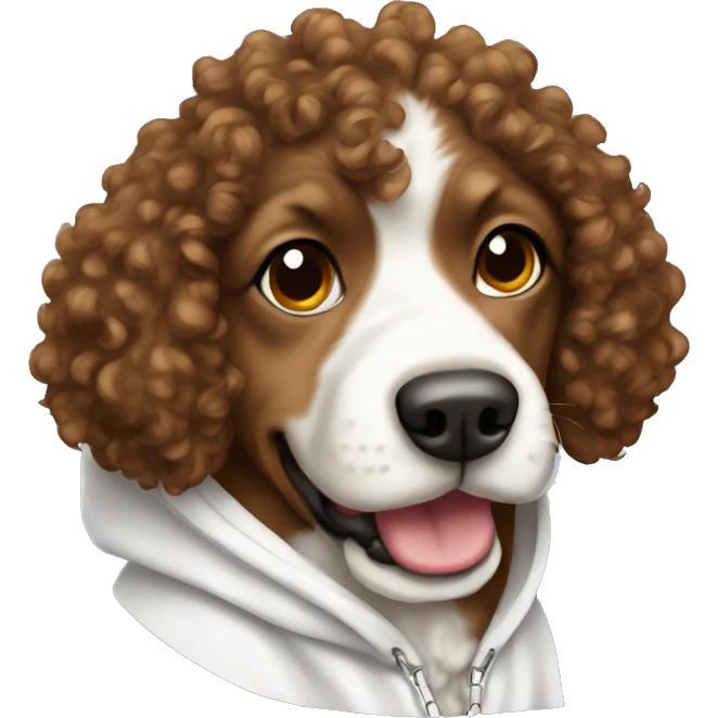 Brown curly hair dog wearing a white hoodie emoji