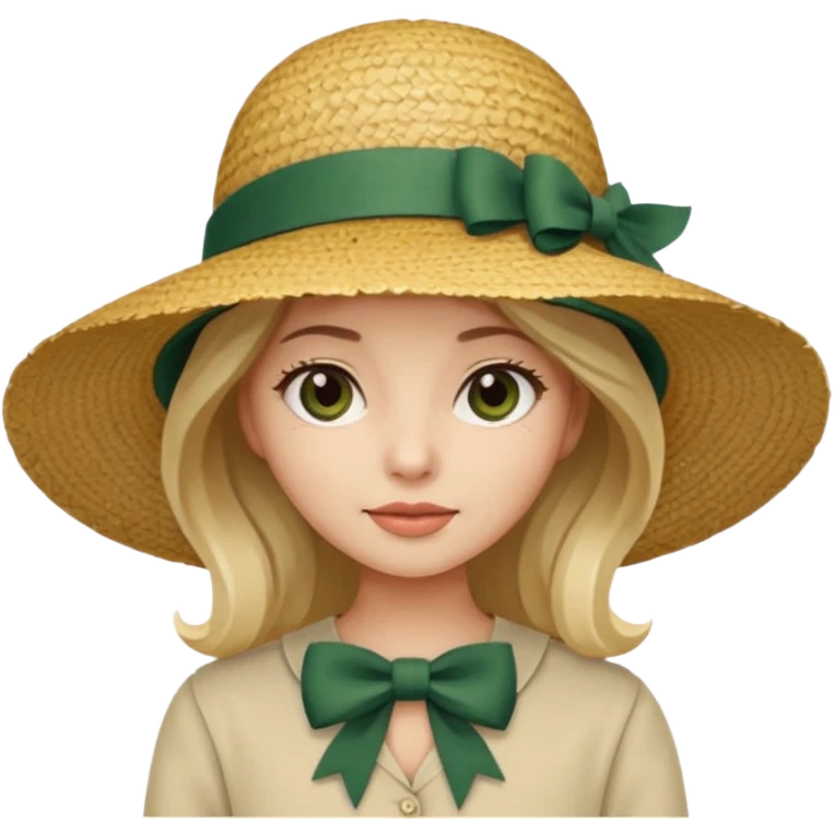 light beige women's straw hat with large brim and dark green bow emoji