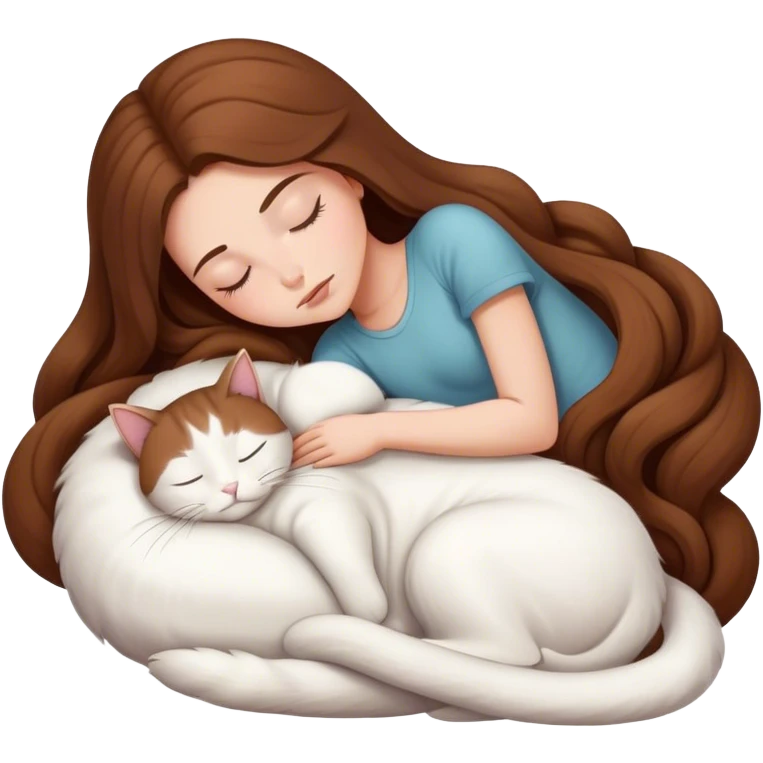 A pretty white girl with very long brown hair and sleeping curled up to a white cat  emoji