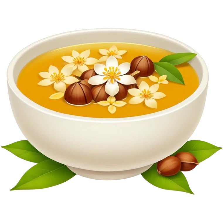 Hangzhou Osmanthus Cassia Soup with chestnuts and flower petals, simplified emoji style with bold outlines and bright colors, cartoon style fragrant dessert bowl emoji