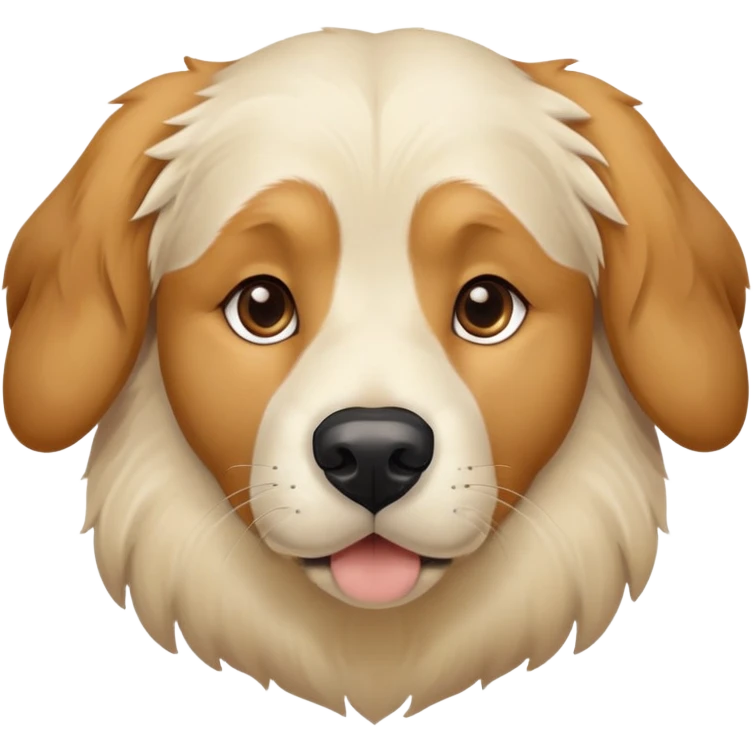 This is a big, dog with a white and brown face thats fur texture is like a golden retriever who got way too close to the camera, white face and brown ears with black around his eyes  emoji