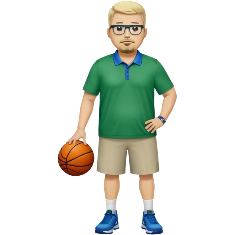 Full Body white male plus size wearing glasses with a goatee with light blonde and gray very short hair mad basketball head Coach in blue and green wearing Nike polo emoji