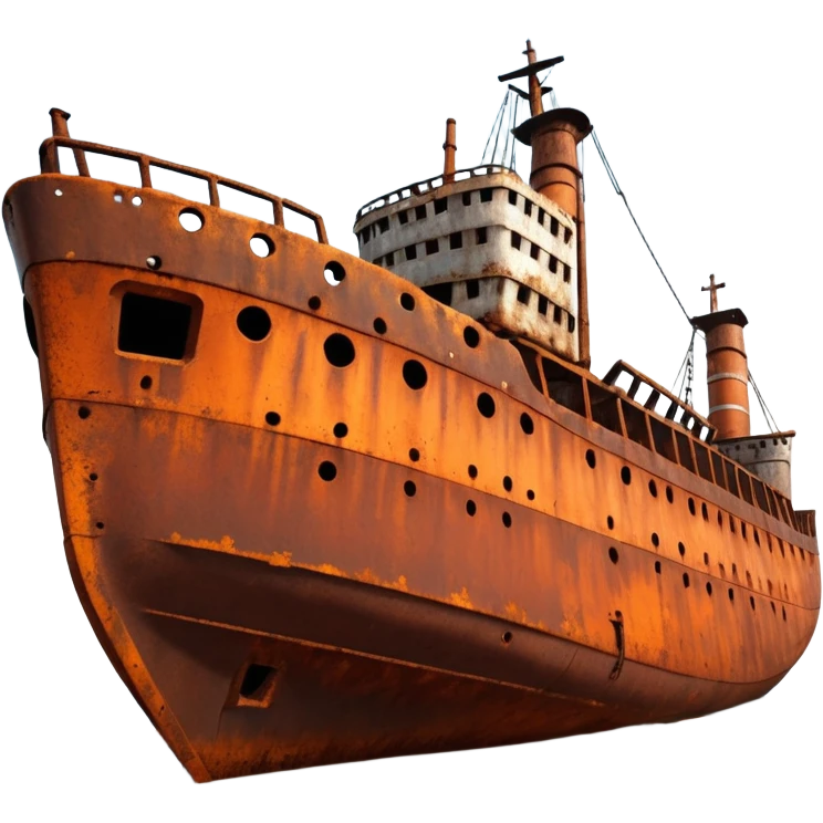 rusted ship wreck, heavily corroded metal hull, orange-brown rust textures, abandoned old ship, weathered surface, dramatic lighting, cinematic atmosphere, 3D cartoon style, mobile game environment art, clean composition, no people, no text, no watermark
 emoji