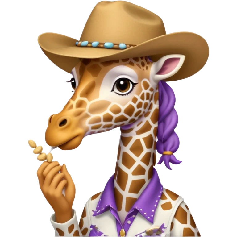 purple cartoon giraffe wearing a white cowgirl hat eating peanuts emoji