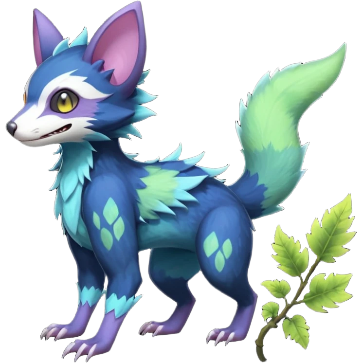 Realistic Sharp swampy mossy elemental ivy detailed Colorful translucent luminescent glowing Trico-Noibat-batty-Sergal-Furret-Ferret-Wolverine-Vernid-furry-fursona-fusion-Fakemon-animal-hybrid-creature, full body emoji