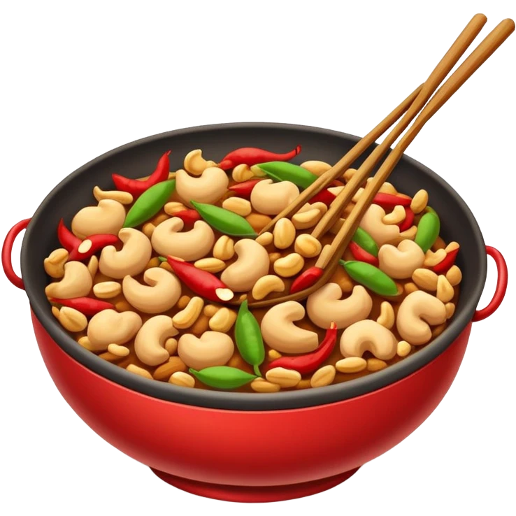 Kung Pao Chicken with peanuts and dried chilies in wok, simplified emoji style with bold outlines and bright colors, cartoon style Gongbao Jiding classic stir-fry emoji