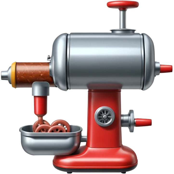 sausage-processing droid. retro-futuristic style. top is a circular industrial meat grinder with rotating gears and blades. Two robotic arms feed material into grinder. Sausage links extrude from the rear like  factory. The body is metallic, compact, and floats above the ground.no legs. Dark humor emoji