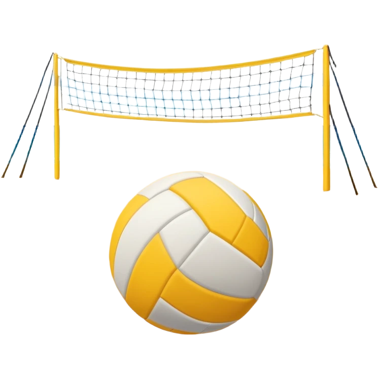 The scene captures the relaxed yet competitive vibe of beach volleyball, with warm sunlight and the natural beauty of the beach. A volleyball resting on the yellow sand on a beach, with the net in the background and a scenic view of the ocean and sky.  emoji