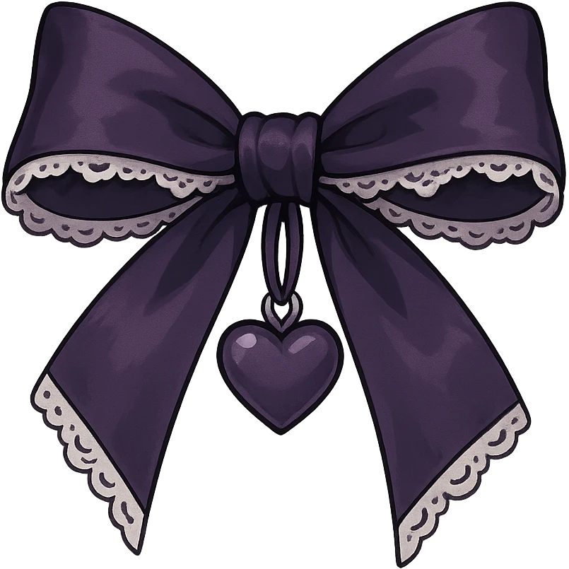 Purple gothic bow with white lace trim and heart charm, remove background emoji
