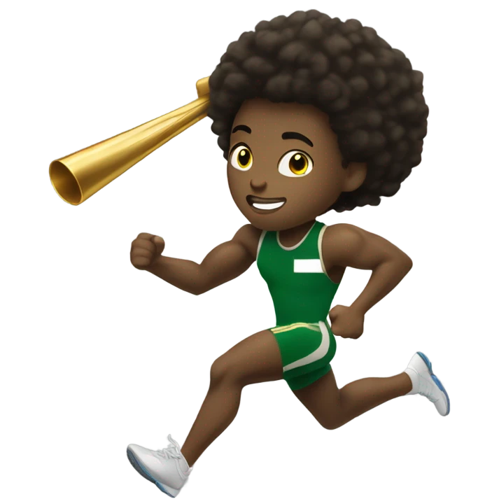 Muscular Afro teenage boy  in green track and field uniform running fast with gold baton. emoji