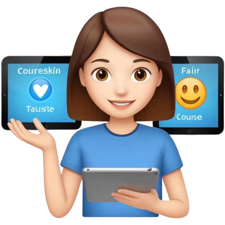 tablet with rounded corners, on the screen an interface and on the screen a person presenting onlince course emoji