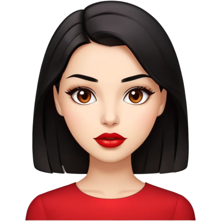 Glamorous young woman with defined features, expressive brown eyes, full lips with red lipstick, light brown complexion, sleek black hair, wearing a red blouse emoji