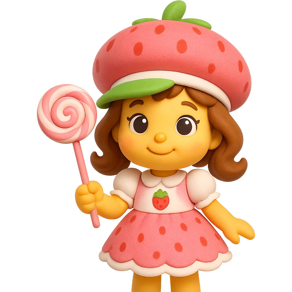 little girl in a strawberry shortcake dress, holding a candy wand, pastel background, 3d emoji style emoji