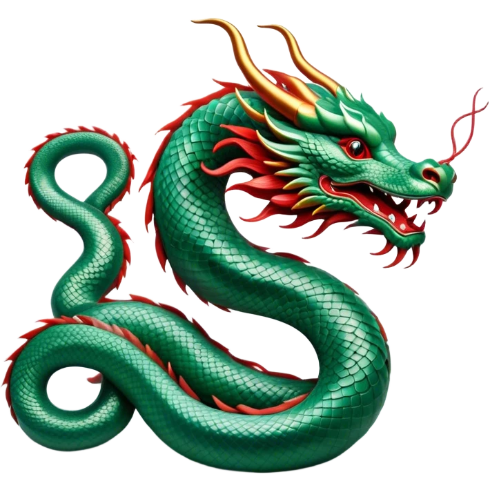 Cinematic Noble Chinese Serpent Dragon Portrait Emoji, Poised and majestic, with a sinuous, serpentine body adorned in intricately detailed scales of shimmering jade and soft vermilion, accented by delicate cloud motifs and subtle water ripple patterns; rendered with lifelike texture and gentle natural highlights, high shine, wise and enigmatic, styled with an aura of ancient dynastic grace, focused and regal, soft glowing outline, capturing the essence of a revered celestial dragon that appears ready to glide gracefully through the mists of time! emoji