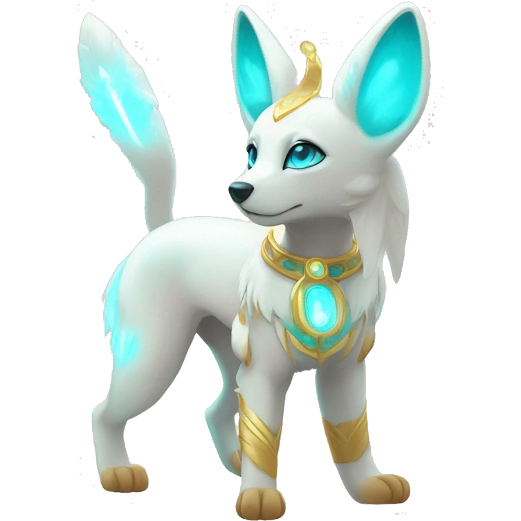 Shiny White Angelic Godly Ethereal Majestic Electric Albino Umbreon. cyan eyes and cyan markings. Golden Anubis-rings. full body emoji