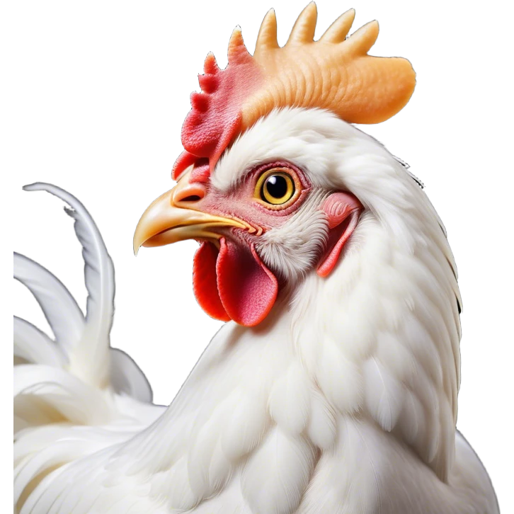Cinematic Noble White Chicken Portrait Emoji, Poised and regal, with a compact, sturdy build and a pristine, well-groomed pure white plumage, deep-set soulful beady eyes, Simplified yet sharp and sophisticated features, highly detailed, glowing with a soft, dignified glow, high shine, intelligent and alert, stylized with an air of barnyard elegance, focused and attentive, soft glowing outline, capturing the essence of a watchful and confident fowl, so majestic it feels as though it could strut out of the screen with effortless authority! emoji