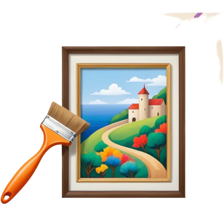 Create an icon that represents the hobby of wall painting, featuring a wall with a beautiful painting in progress. The design should include a paintbrush, a roller, and part of the wall decorated with colorful patterns or a mural. The icon should show the process of creating the artwork, with the brush strokes visible on the wall, symbolizing the artistic nature of the craft. The composition should be balanced and harmonious, evoking creativity and skill. The background should be transparent. emoji