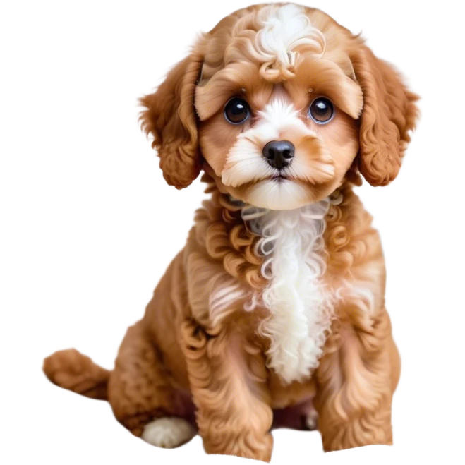 Cinematic Noble Apricot Cavoodle Portrait Emoji, Poised and regal, with a compact, cuddly build and a soft, curly apricot coat accented by gentle white markings, deep-set soulful brown eyes, Simplified yet sharp and sophisticated features, highly detailed, glowing with a soft, dignified glow, high shine, intelligent and affectionate, stylized with an air of elegance, focused and attentive, soft glowing outline, capturing the essence of a watchful and confident companion, so majestic it feels as though it could step out of the screen with effortless authority! emoji