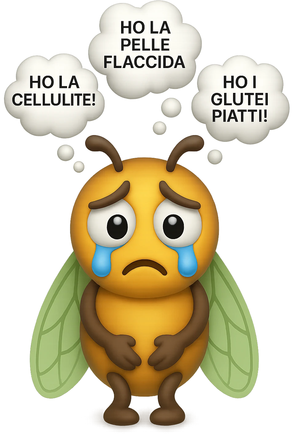 EMOJI STILE IPHONE 3D DI una cicala triste che si tocca le cosce e piange perché non le piace il suo fisico, posa frontale, fagli anche la parte bianca degli occhi, non solo la pupilla, sulla testa della cicala aleggiano i pensieri "HO LA PELLE FLACCIDA", "HO LA CELLULITE!", "HO I GLUTEI PIATTI!" emoji