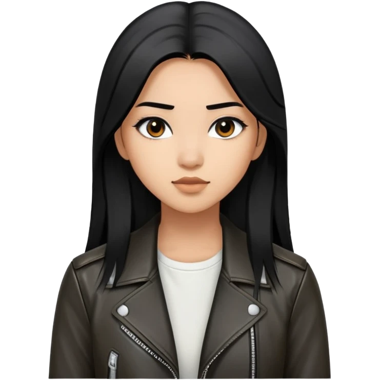 create an emoji of a 22-year-old woman, long straight black hair, black eyes with Asian features, she is brown, wears a black leather jacket with a white blouse underneath emoji