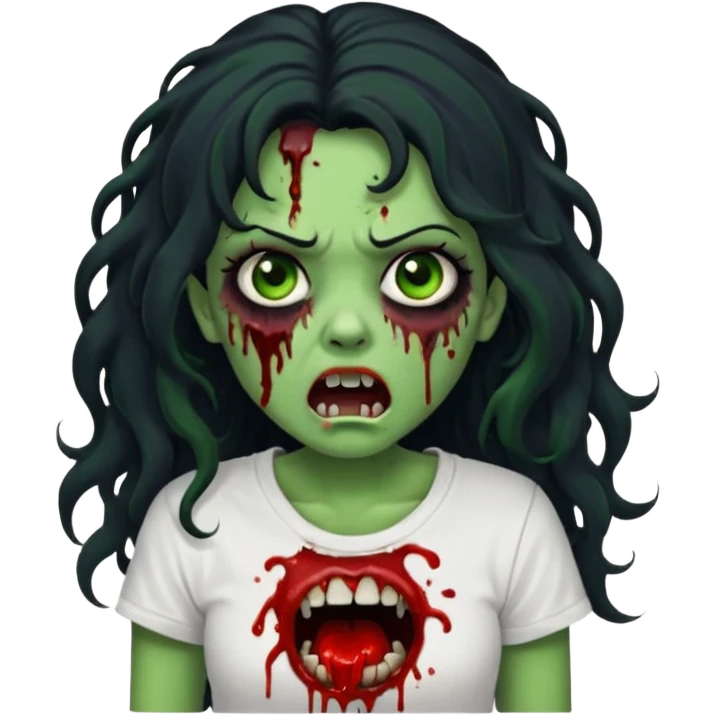 a zombie with long curly black hair volumoso, brown eyes, a white t-shirt and a splash of blood on her t-shirt, mouth open like a zombie, green skin color, not much expression, no drawing on shirt, no hands showing, less blood on her face, less blood, black hair and black eyes emoji