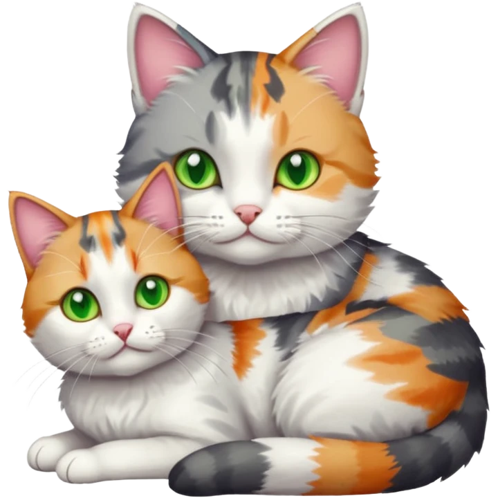 grey and white cat cuddling a colourful light patched calico + white tabby cat emoji