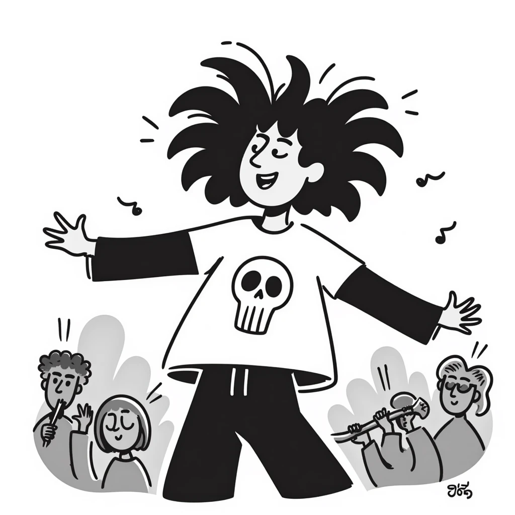 A person enthusiastically headbanging at a concert, wearing a band shirt with wild hair flying emoji