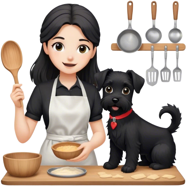 pale smiling girl baking with long back hair wearing black long shirt wearing apron holding black  schnauzer emoji